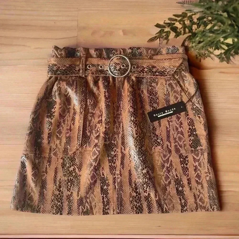 Snakeskin Faux Leather Skirt | Belted Paper Bag Waist | Women’s Large NWT